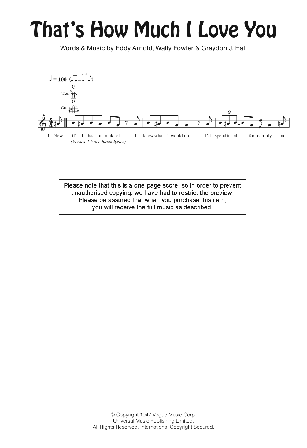 Eddy Arnold That's How Much I Love You sheet music notes and chords arranged for Ukulele