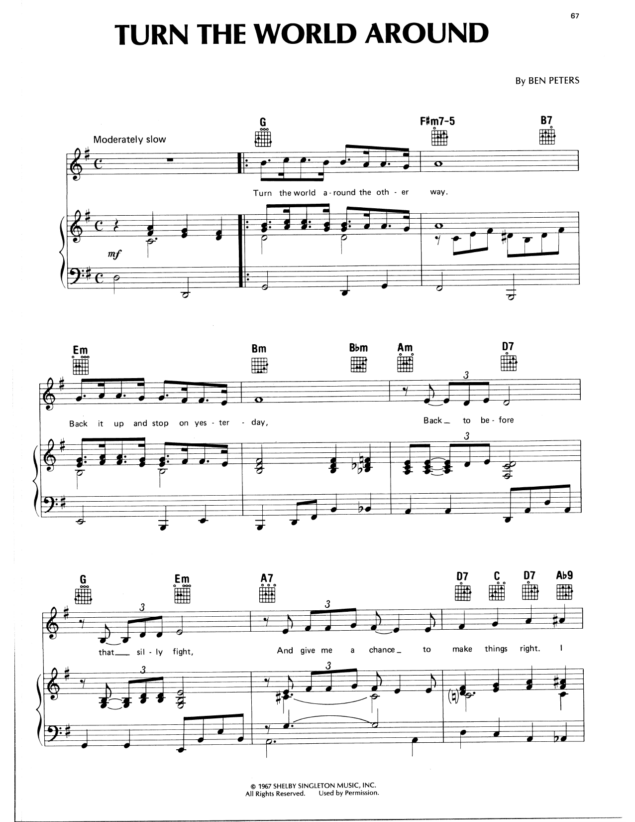 Eddy Arnold Turn The World Around sheet music notes and chords arranged for Piano, Vocal & Guitar Chords (Right-Hand Melody)