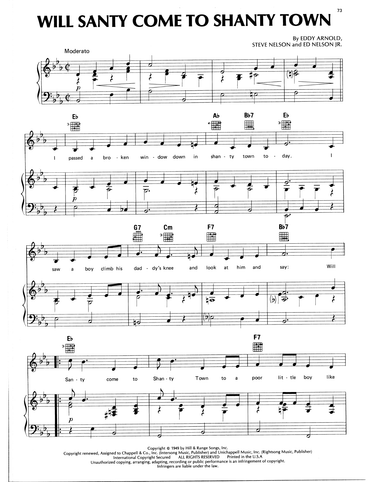 Eddy Arnold Will Santy Come To Shanty Town sheet music notes and chords arranged for Piano, Vocal & Guitar Chords (Right-Hand Melody)