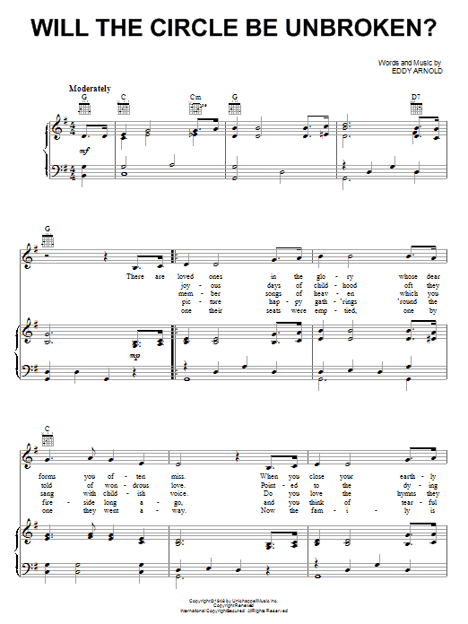 Eddy Arnold Will The Circle Be Unbroken sheet music notes and chords arranged for Piano, Vocal & Guitar Chords (Right-Hand Melody)