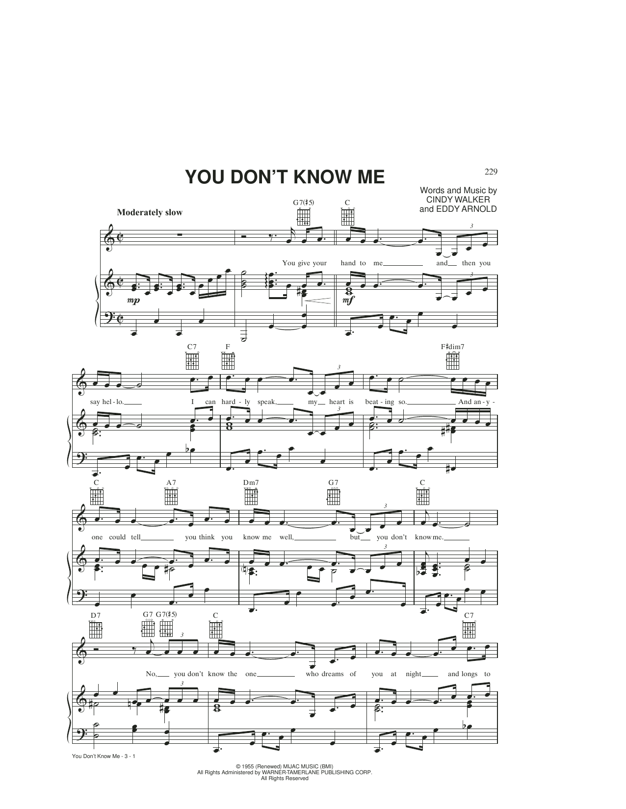 Eddy Arnold You Don't Know Me sheet music notes and chords arranged for Piano, Vocal & Guitar Chords (Right-Hand Melody)