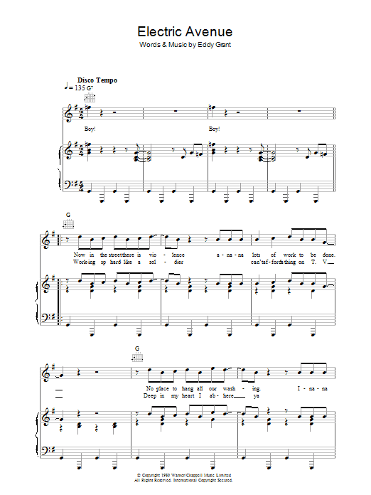 Eddy Grant Electric Avenue sheet music notes and chords arranged for Piano, Vocal & Guitar Chords