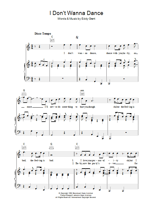 Eddy Grant I Don't Wanna Dance sheet music notes and chords arranged for Guitar Chords/Lyrics