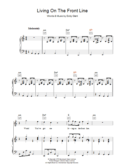 Eddy Grant Living On The Front Line sheet music notes and chords arranged for Piano, Vocal & Guitar Chords