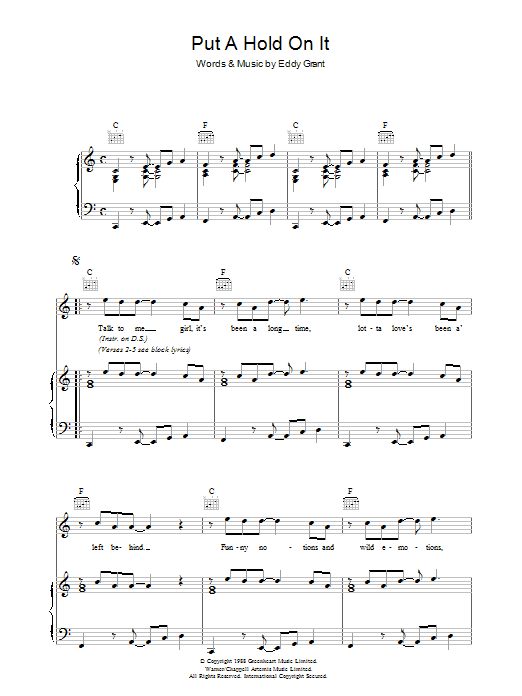 Eddy Grant Put A Hold On It sheet music notes and chords arranged for Piano, Vocal & Guitar Chords