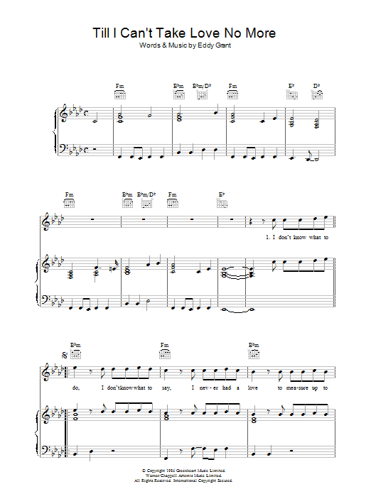 Eddy Grant Till I Can't Take Love No More sheet music notes and chords arranged for Piano, Vocal & Guitar Chords