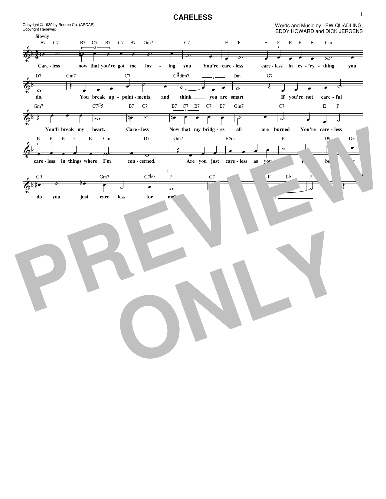 Eddy Howard Careless sheet music notes and chords arranged for Lead Sheet / Fake Book