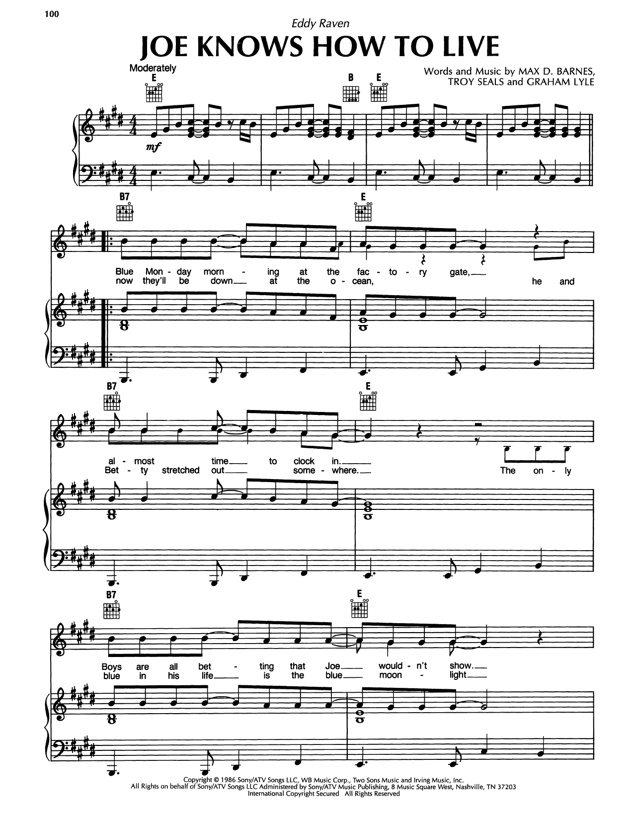 Eddy Raven Joe Knows How To Live sheet music notes and chords arranged for Piano, Vocal & Guitar Chords (Right-Hand Melody)