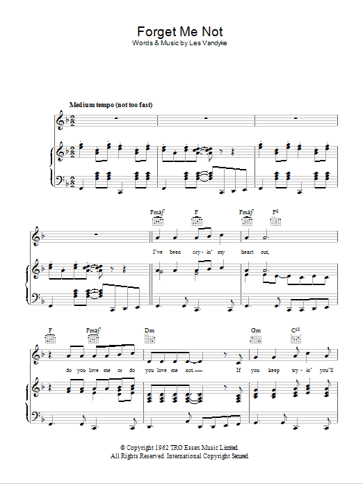 Eden Kane Forget Me Not sheet music notes and chords arranged for Piano, Vocal & Guitar Chords