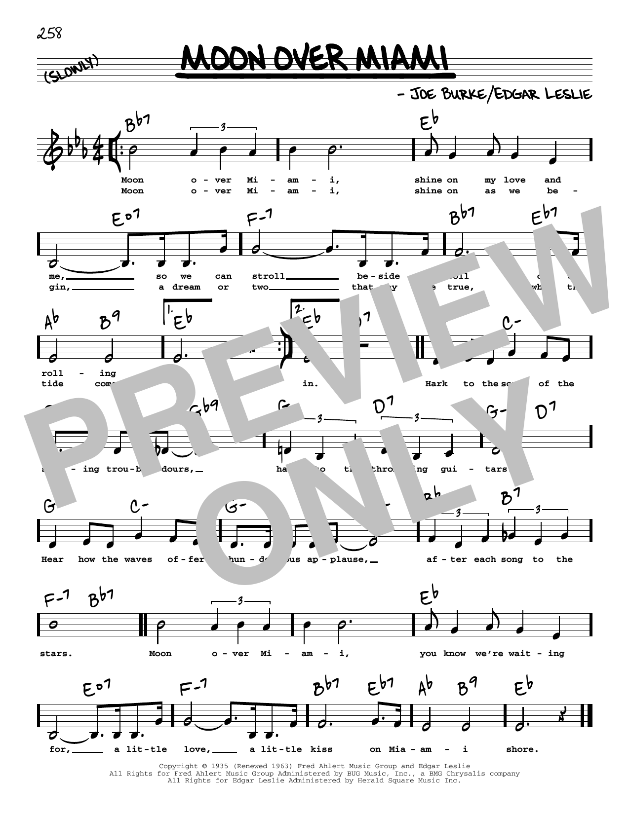 Edgar Leslie Moon Over Miami (Low Voice) sheet music notes and chords arranged for Real Book – Melody, Lyrics & Chords