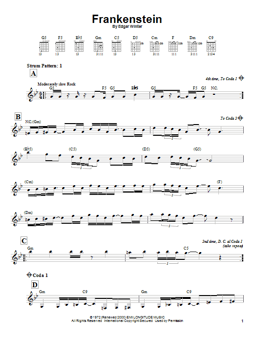 Edgar Winter Group Frankenstein sheet music notes and chords arranged for Piano, Vocal & Guitar Chords (Right-Hand Melody)