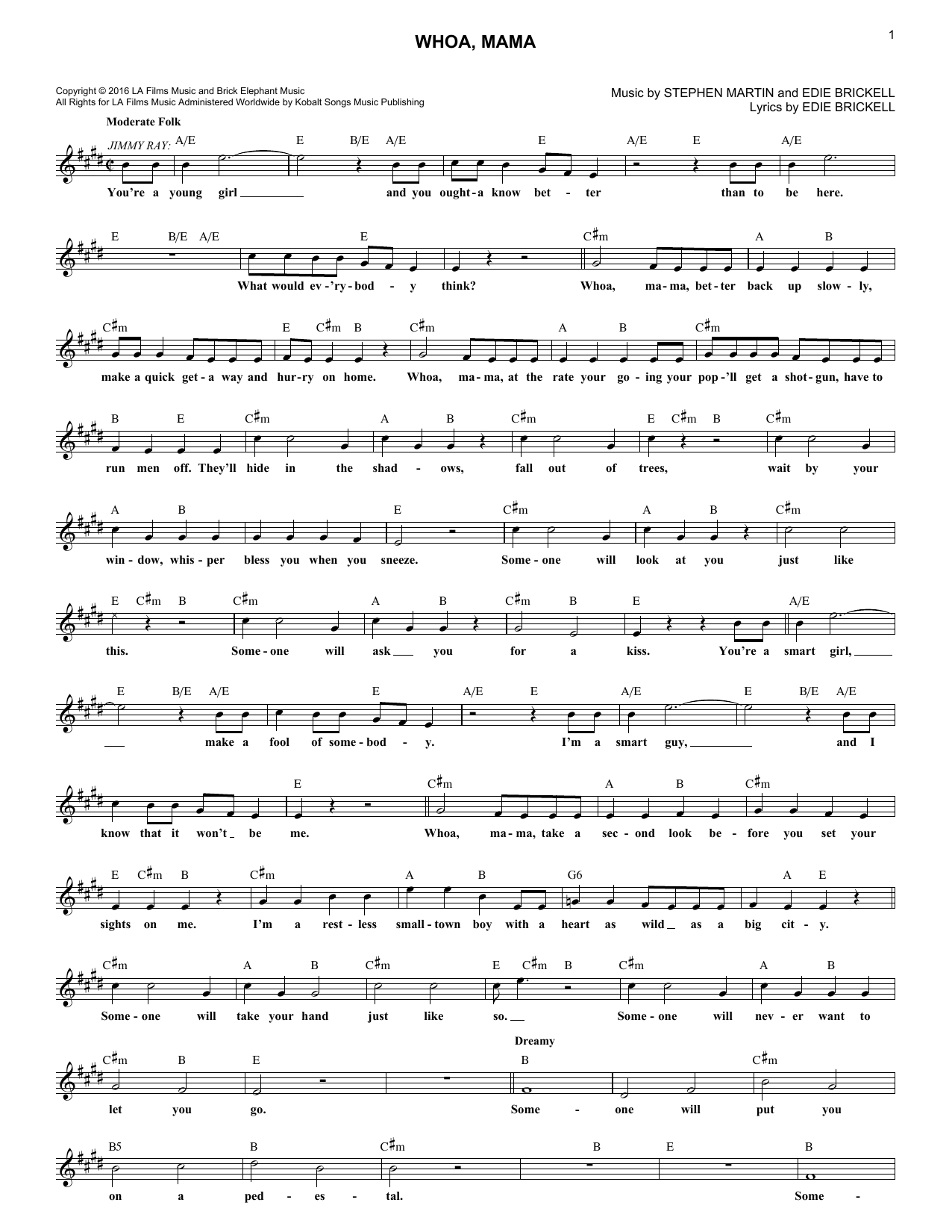 Edie Brickell Whoa, Mama (from Bright Star) sheet music notes and chords arranged for Lead Sheet / Fake Book