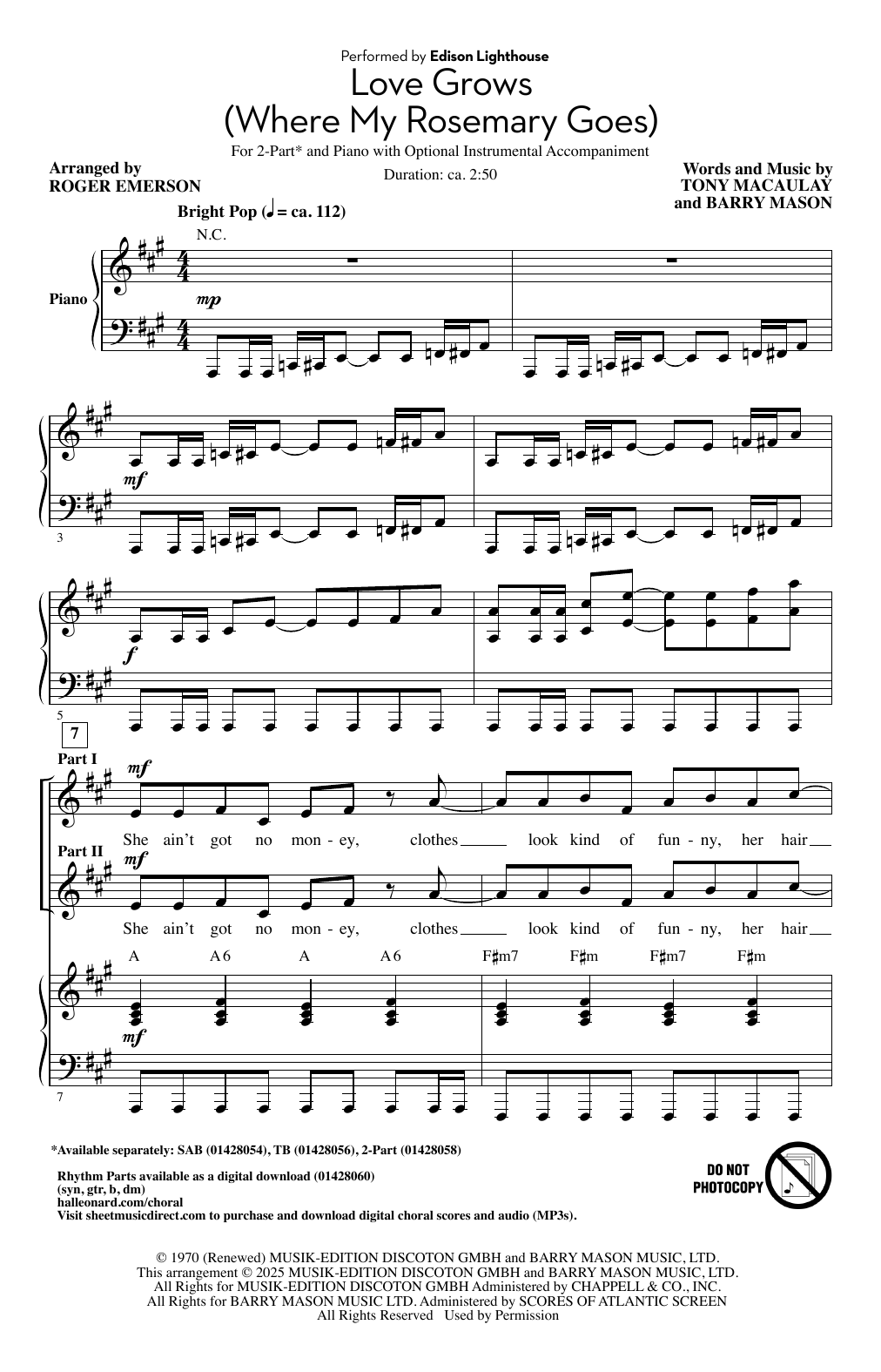 Edison Lighthouse Love Grows (Where My Rosemary Goes) (arr. Roger Emerson) sheet music notes and chords arranged for 2-Part Choir