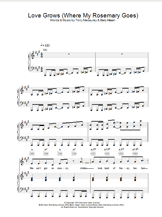 Edison Lighthouse Love Grows (Where My Rosemary Goes) sheet music notes and chords arranged for Piano, Vocal & Guitar Chords (Right-Hand Melody)