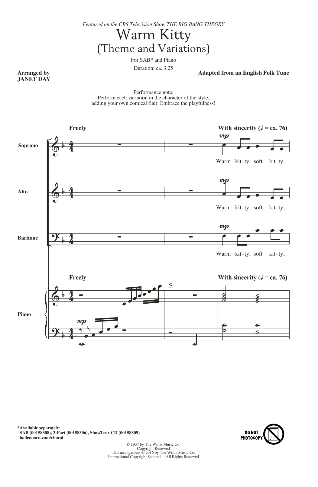 Edith Newlin Warm Kitty (arr. Janet Day) sheet music notes and chords arranged for SAB Choir