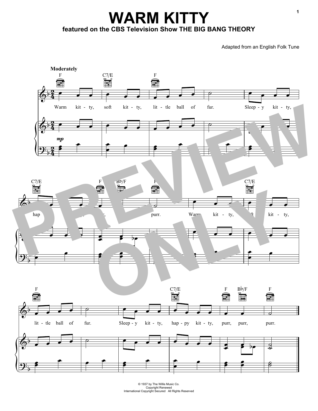 Edith Newlin Warm Kitty sheet music notes and chords arranged for Super Easy Piano