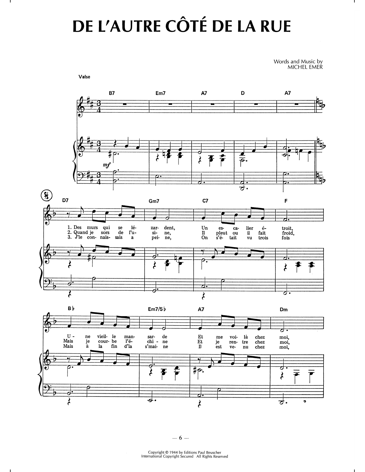 Edith Piaf De L'autre Cote De La Rue sheet music notes and chords arranged for Piano, Vocal & Guitar Chords (Right-Hand Melody)