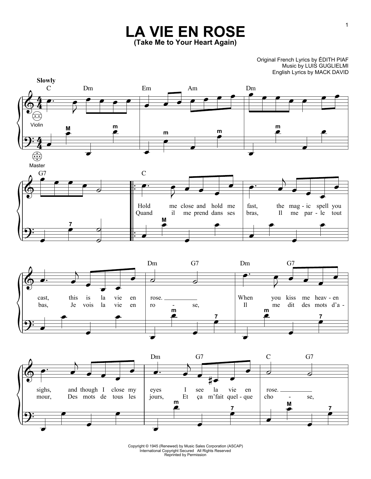 Edith Piaf La Vie En Rose (Take Me To Your Heart Again) (arr. Gary Meisner) sheet music notes and chords arranged for Accordion