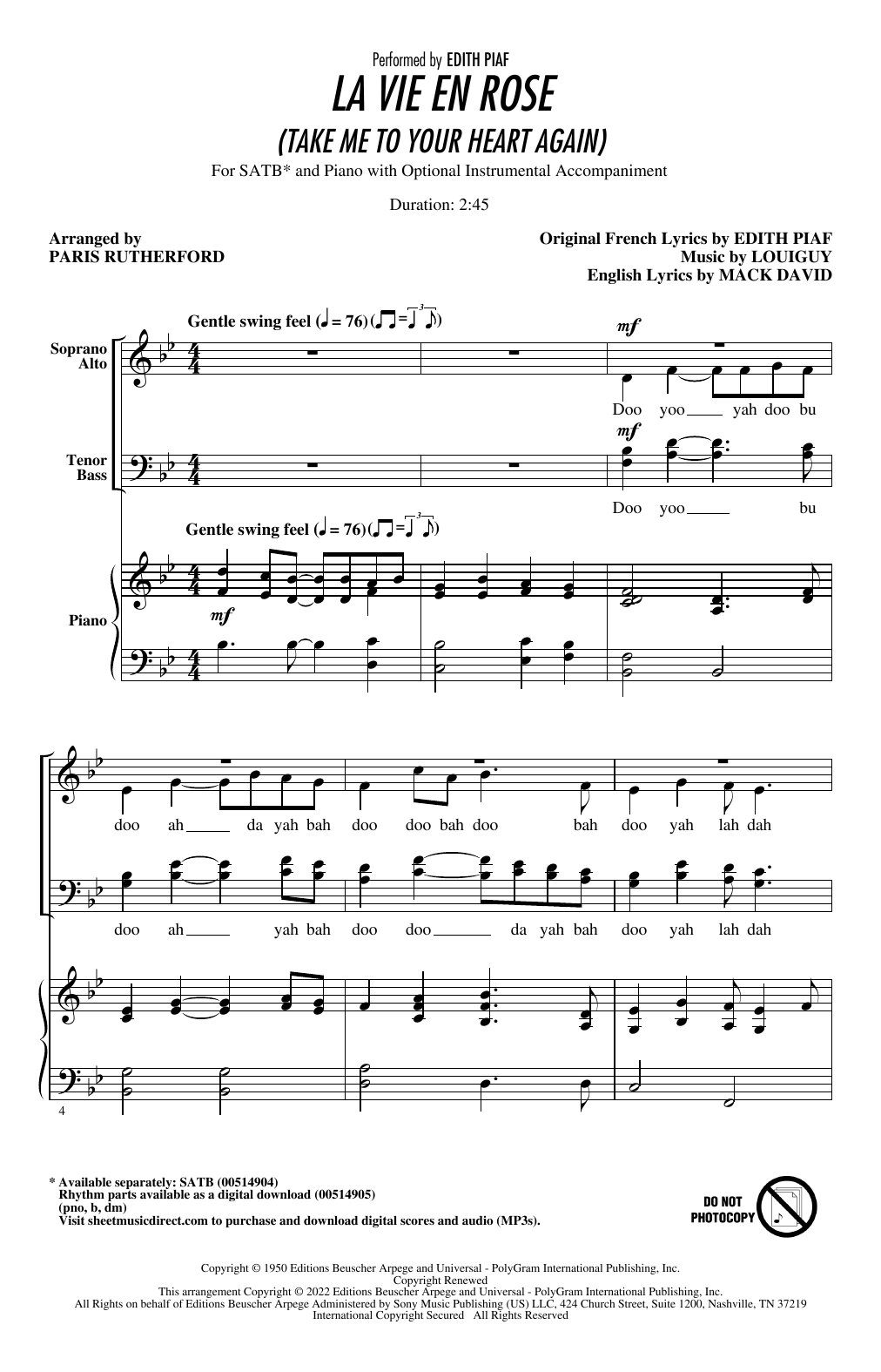 Édith Piaf La Vie En Rose (Take Me To Your Heart Again) (arr. Paris Rutherford) sheet music notes and chords arranged for SATB Choir