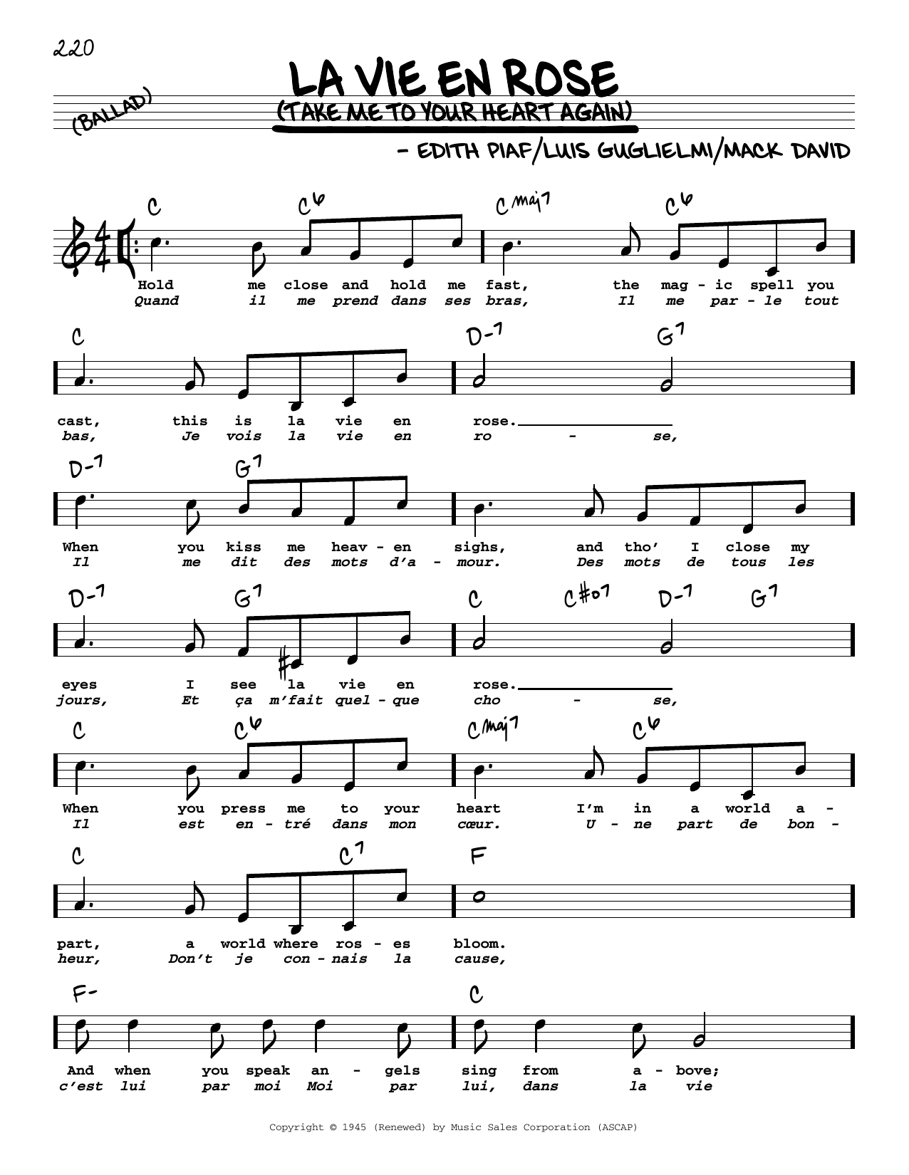 Edith Piaf La Vie En Rose (Take Me To Your Heart Again) (High Voice) sheet music notes and chords arranged for Real Book – Melody, Lyrics & Chords