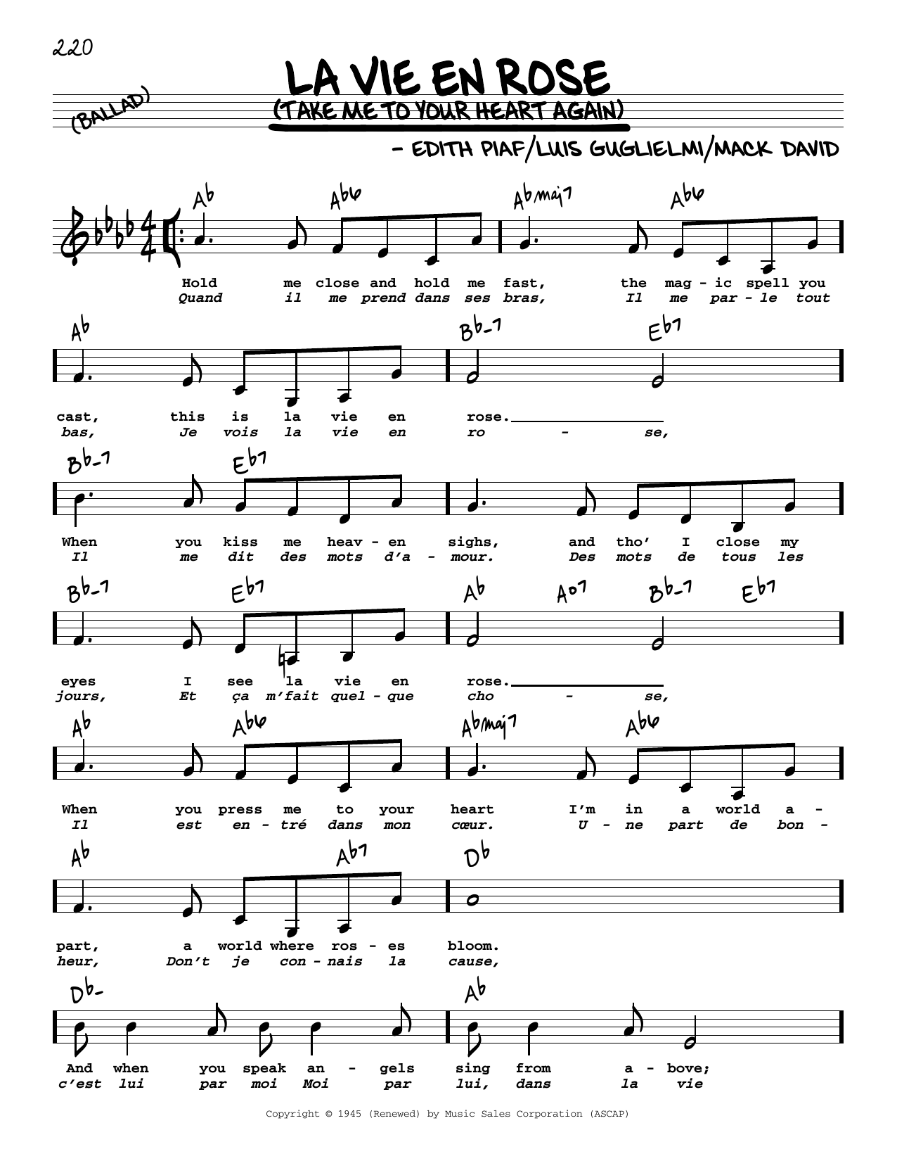 Edith Piaf La Vie En Rose (Take Me To Your Heart Again) (Low Voice) sheet music notes and chords arranged for Real Book – Melody, Lyrics & Chords