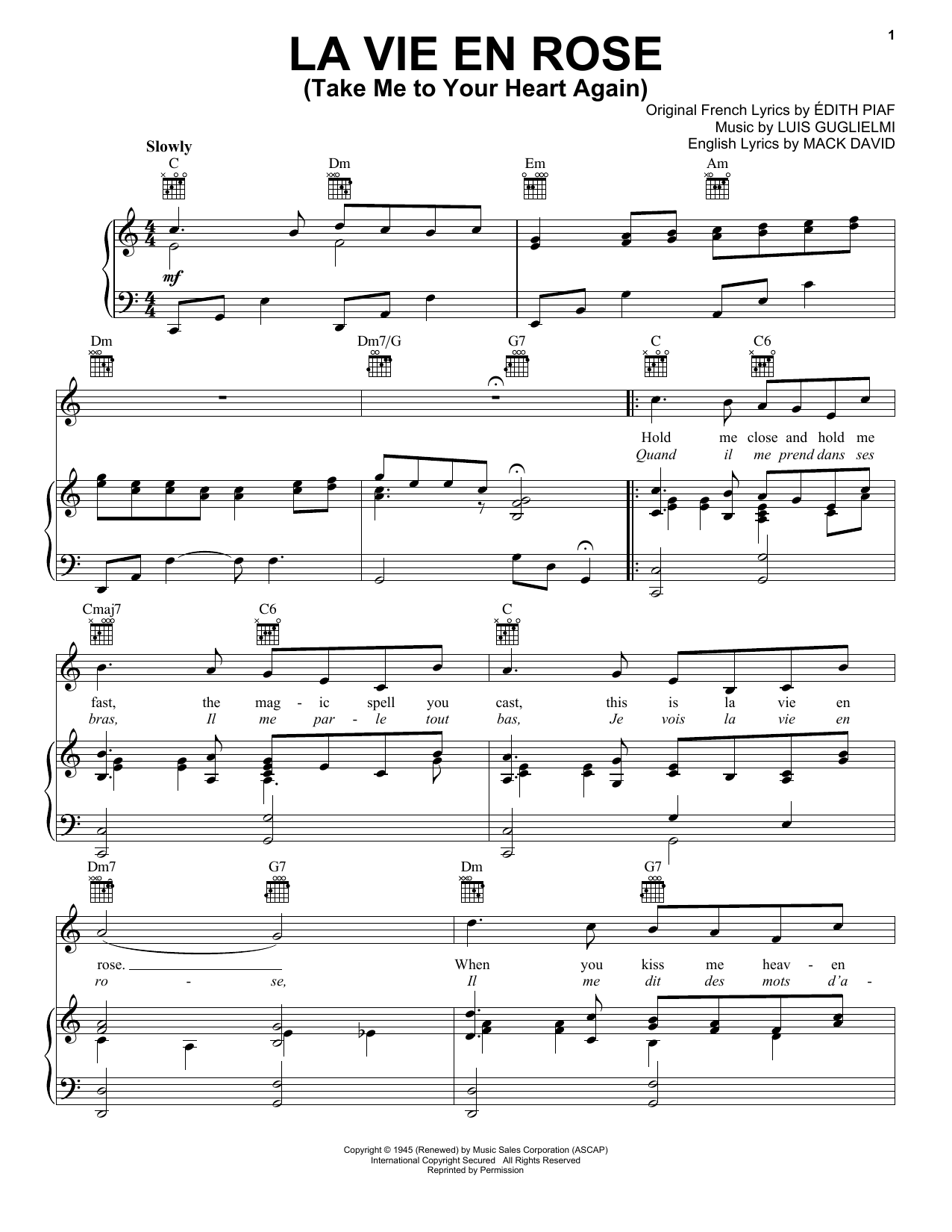 Edith Piaf La Vie En Rose (Take Me To Your Heart Again) sheet music notes and chords arranged for Trombone Solo