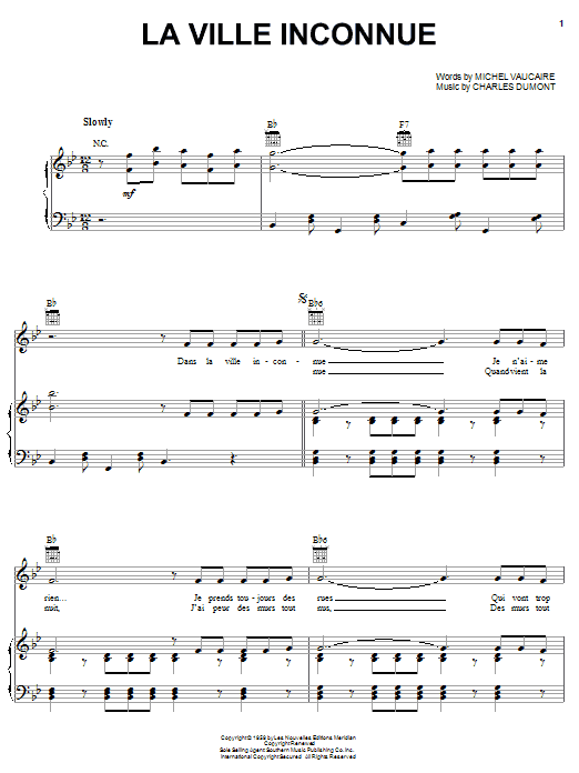 Edith Piaf La Ville Inconnue sheet music notes and chords arranged for Piano, Vocal & Guitar Chords (Right-Hand Melody)