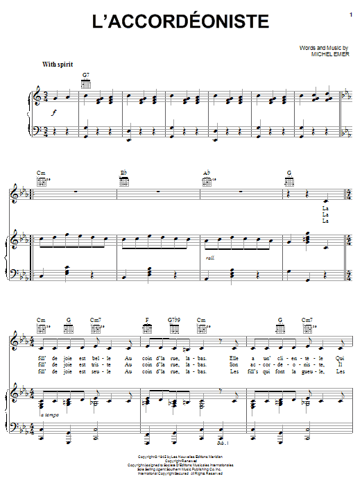 Edith Piaf L'Accordeoniste sheet music notes and chords arranged for Piano, Vocal & Guitar Chords (Right-Hand Melody)