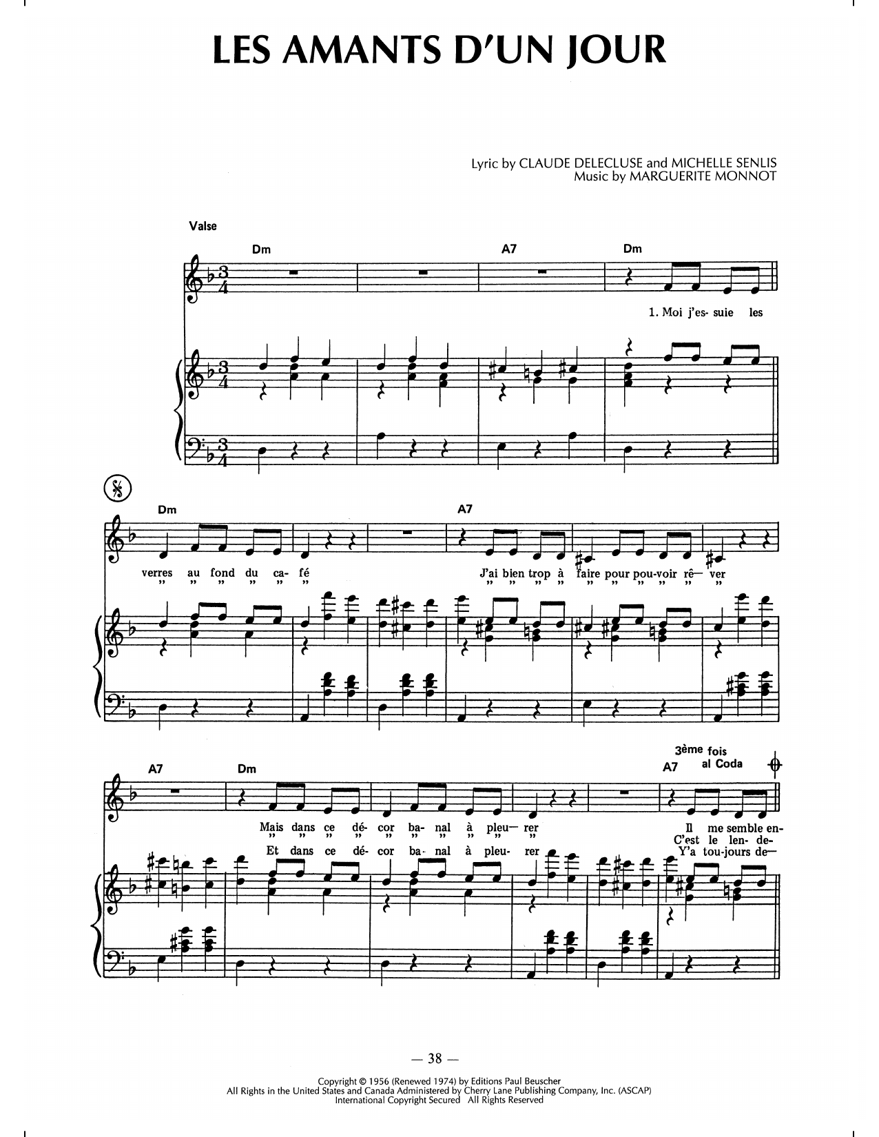 Edith Piaf Les Amants D'un Jour sheet music notes and chords arranged for Piano, Vocal & Guitar Chords (Right-Hand Melody)