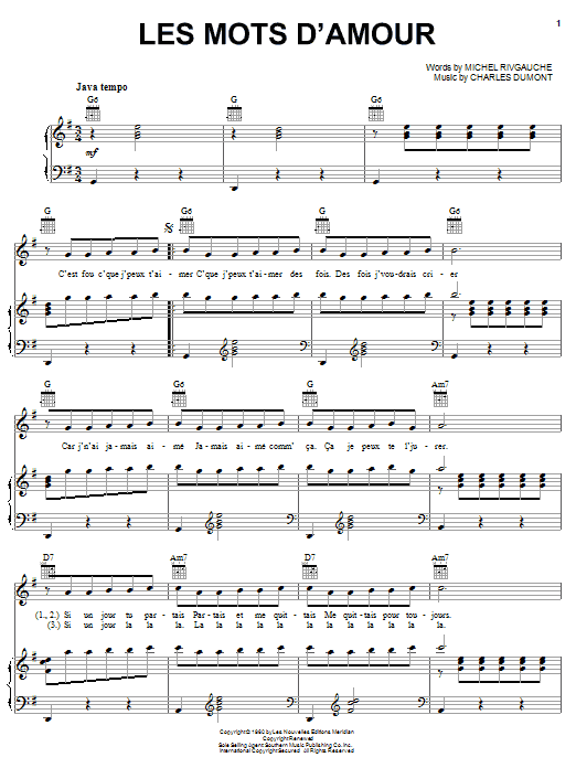 Edith Piaf Les Mots D'amour sheet music notes and chords arranged for Piano, Vocal & Guitar Chords (Right-Hand Melody)