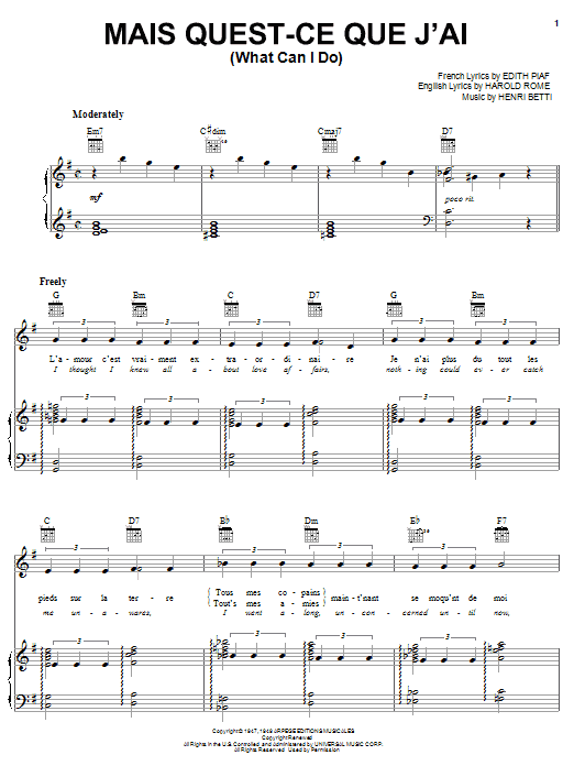 Edith Piaf Mais Quest-Ce Que J'ai (What Can I Do) sheet music notes and chords arranged for Piano, Vocal & Guitar Chords (Right-Hand Melody)