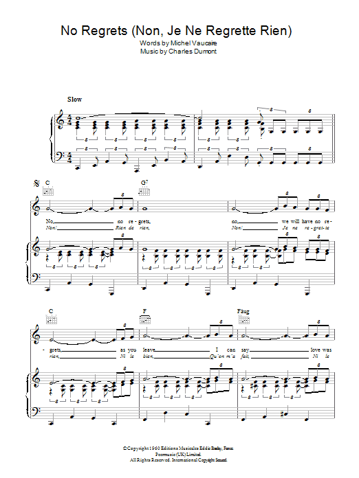 Edith Piaf No Regrets (Non, Je Ne Regrette Rien) sheet music notes and chords arranged for Guitar Chords/Lyrics