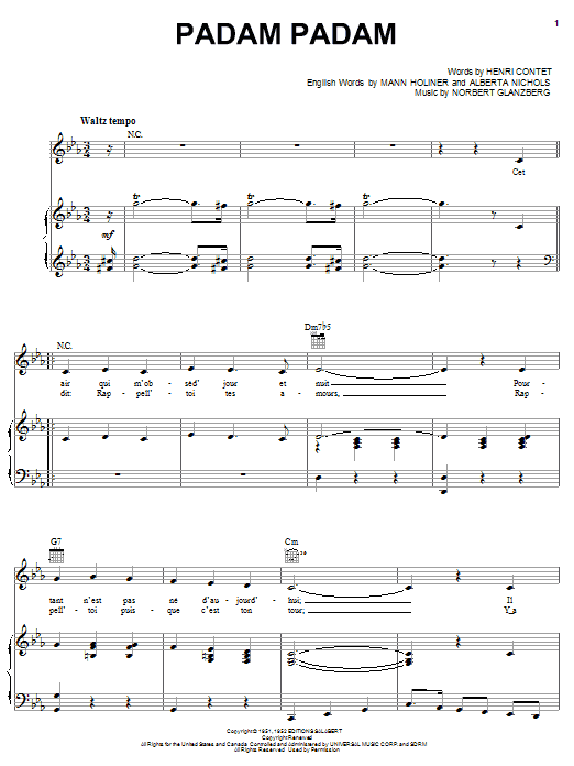 Edith Piaf Padam Padam sheet music notes and chords arranged for Piano, Vocal & Guitar Chords (Right-Hand Melody)