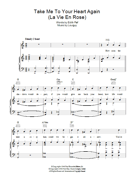 Edith Piaf Take Me To Your Heart Again (La Vie En Rose) sheet music notes and chords arranged for Piano, Vocal & Guitar Chords
