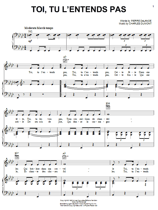 Edith Piaf Toi, Tu L'entends Pas sheet music notes and chords arranged for Piano, Vocal & Guitar Chords (Right-Hand Melody)