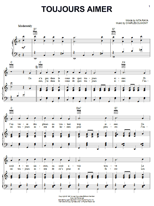 Edith Piaf Toujours Aimer sheet music notes and chords arranged for Piano, Vocal & Guitar Chords (Right-Hand Melody)