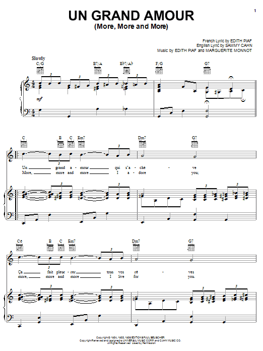 Edith Piaf Un Grand Amour (More, More & More) sheet music notes and chords arranged for Piano, Vocal & Guitar Chords (Right-Hand Melody)