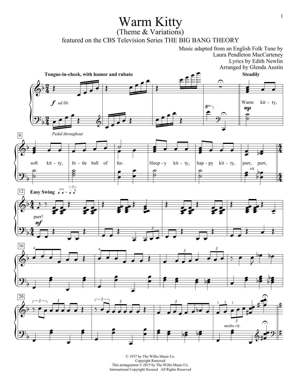 Edith Newlin Warm Kitty (arr. Glenda Austin) sheet music notes and chords arranged for Educational Piano