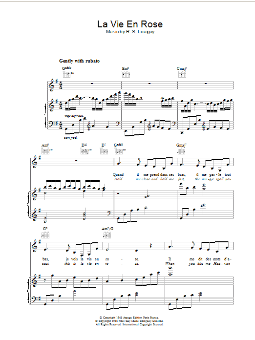 Edith Piaf La Vie En Rose sheet music notes and chords. Download Printable PDF.