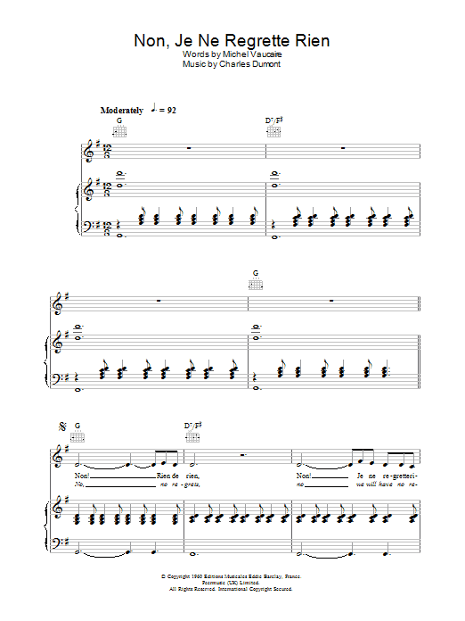 Edith Piaf Non, Je Ne Regrette Rien sheet music notes and chords. Download Printable PDF.