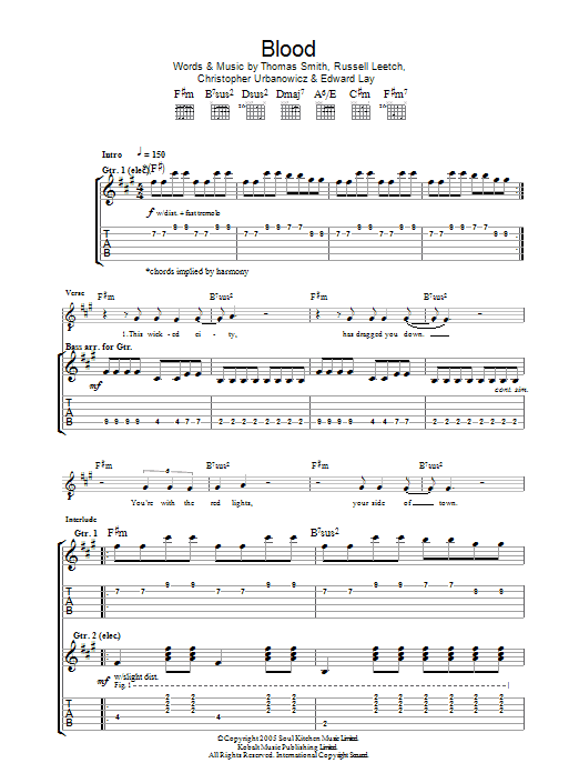 Editors Blood sheet music notes and chords arranged for Guitar Tab