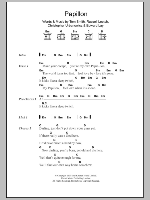 Editors Papillon sheet music notes and chords arranged for Guitar Chords/Lyrics