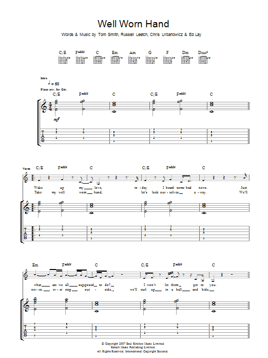 Editors Well Worn Hand sheet music notes and chords arranged for Guitar Tab