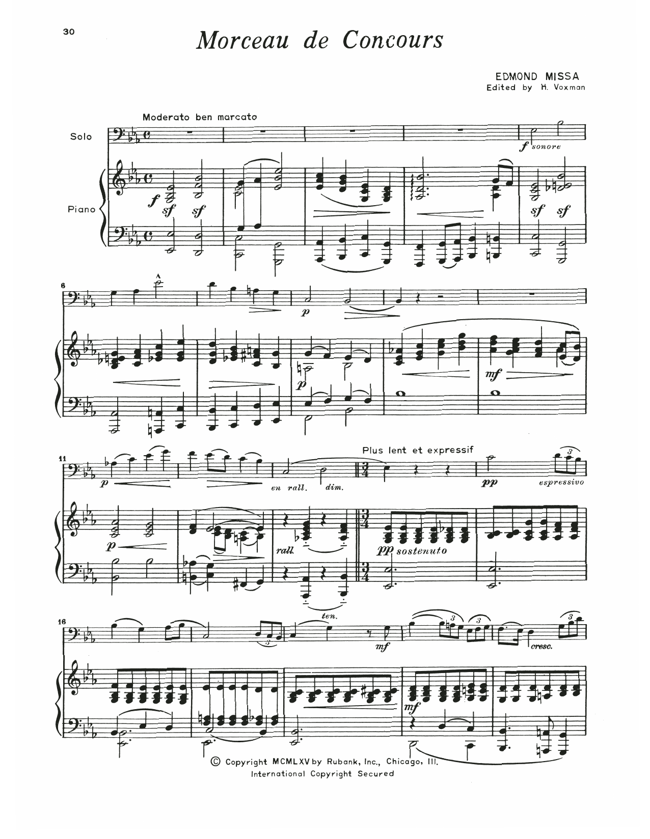 Edmond Missa Morceau De Concours sheet music notes and chords arranged for Trombone and Piano