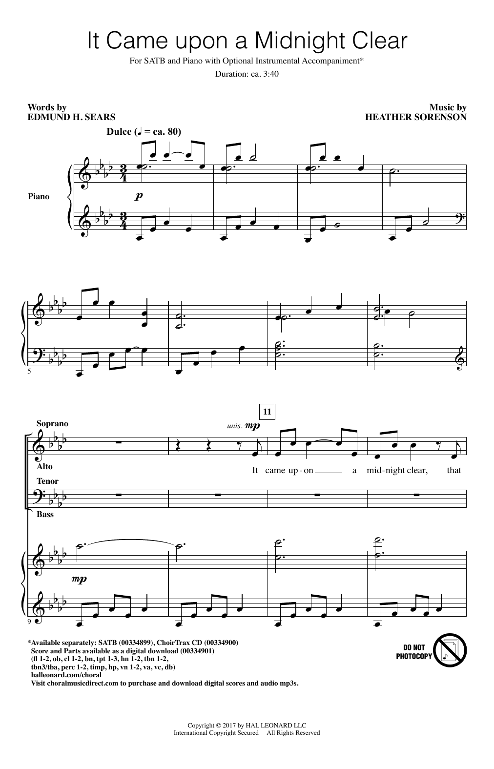 Edmund H. Sears and Heather Sorenson It Came Upon A Midnight Clear sheet music notes and chords arranged for SATB Choir