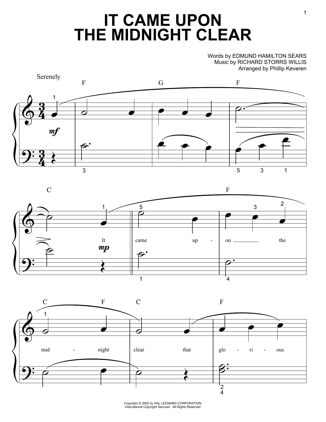 Edmund Hamilton Sears It Came Upon The Midnight Clear (arr. Phillip Keveren) sheet music notes and chords arranged for Big Note Piano