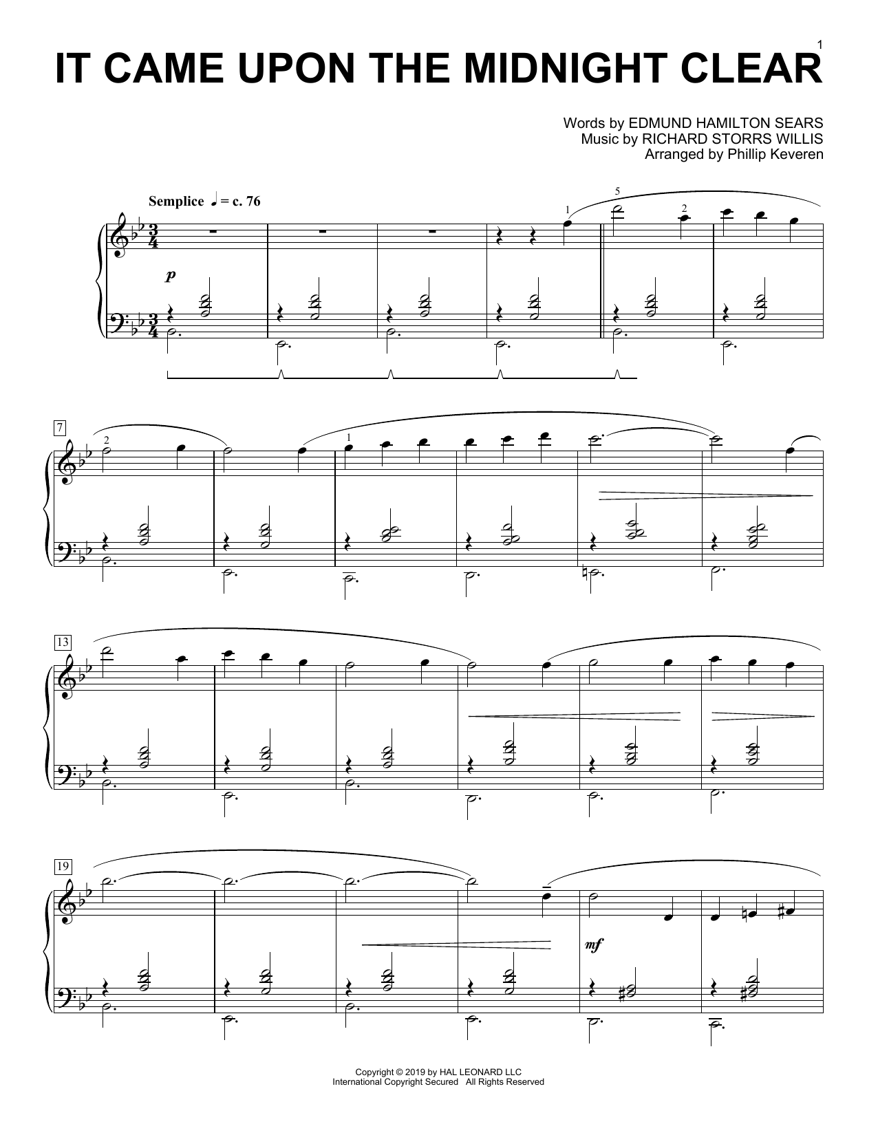 Edmund Hamilton Sears It Came Upon The Midnight Clear [Classical version] (arr. Phillip Keveren) sheet music notes and chords arranged for Piano Solo