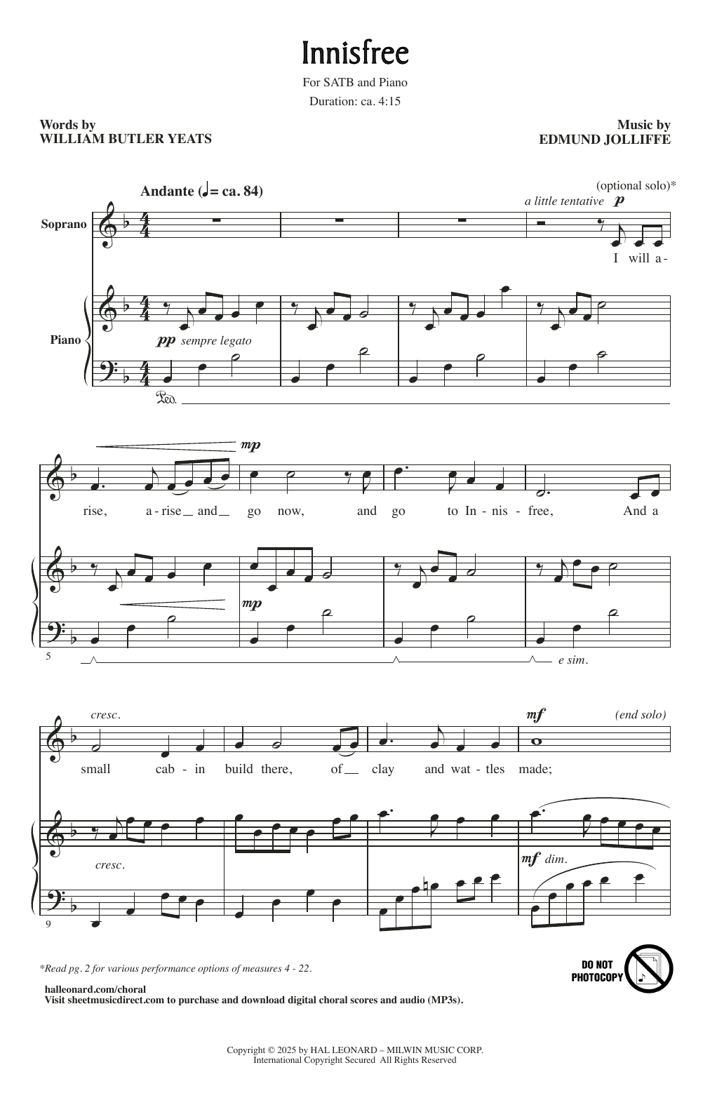Edmund Jolliffe Innisfree sheet music notes and chords arranged for SATB Choir