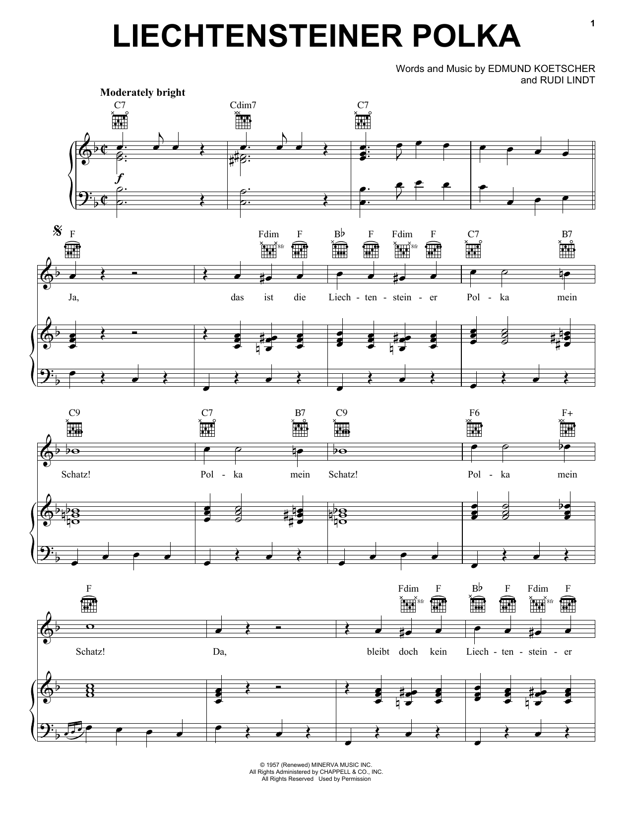 Edmund Koetscher Liechtensteiner Polka sheet music notes and chords arranged for Piano, Vocal & Guitar Chords (Right-Hand Melody)