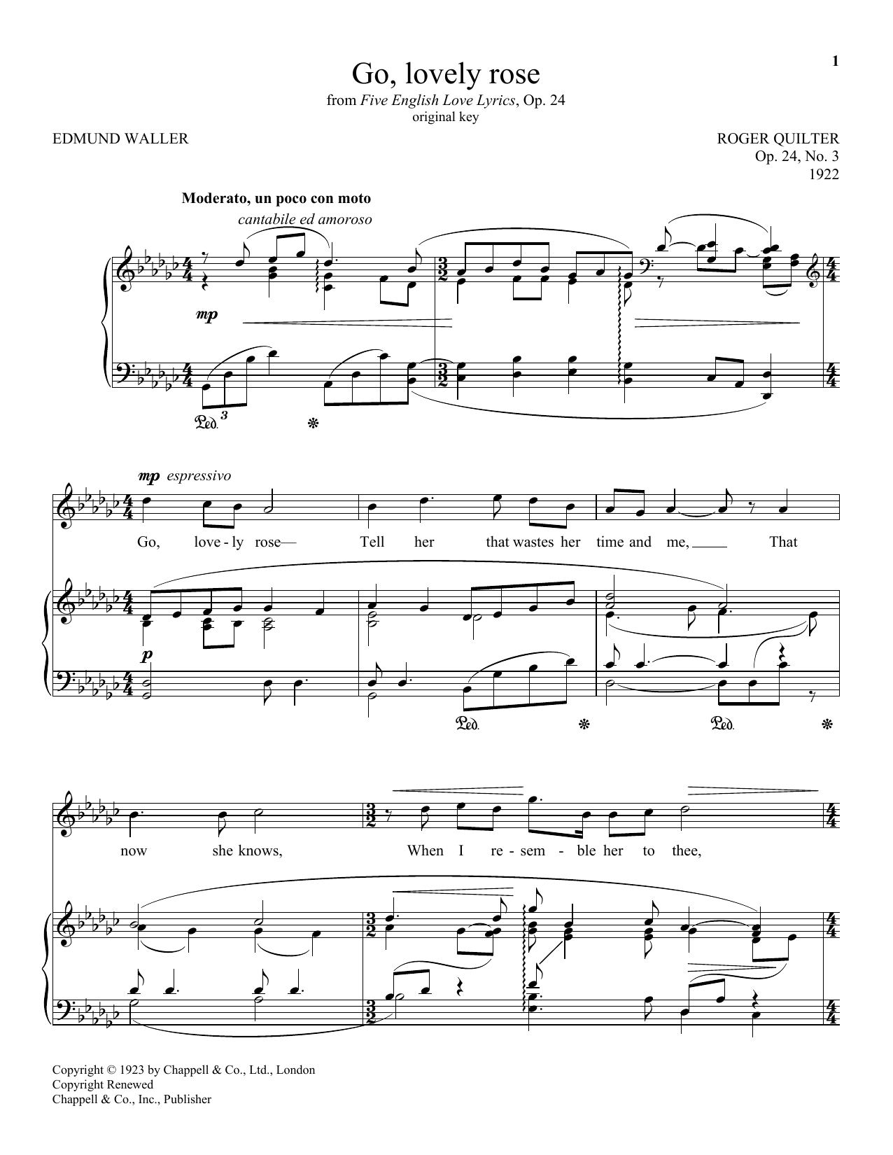 Edmund Waller Go, Lovely Rose (Quilter) sheet music notes and chords arranged for Piano & Vocal